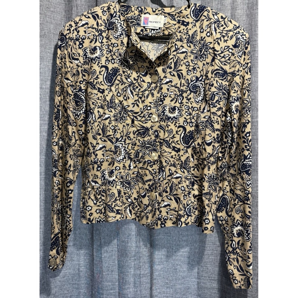 Prophecy Vintage Womans Sz 12 Button Up Blouse‎ Tan/Blue Removable Shoulder Pads